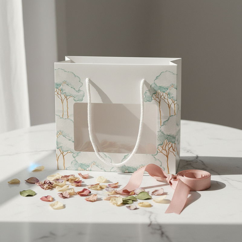 Shopper Scotton cordino Intrecci Alberi Verdi 19,5×9,5×17 cm per bomboniere e confezioni regalo. Design naturale, pronta all'uso. CONF 10 PZ ean 8007402372928