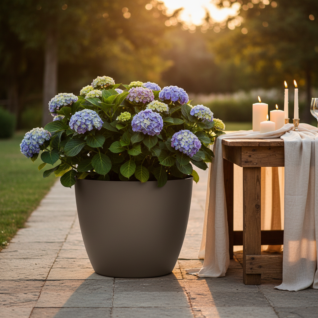 Vaso rotondo TeraPlast Bayon 60 Kit Sand, resina riciclabile Ø60×H54 cm, 96 lt, riserva d'acqua integrata, indoor/outdoor. Design naturale.