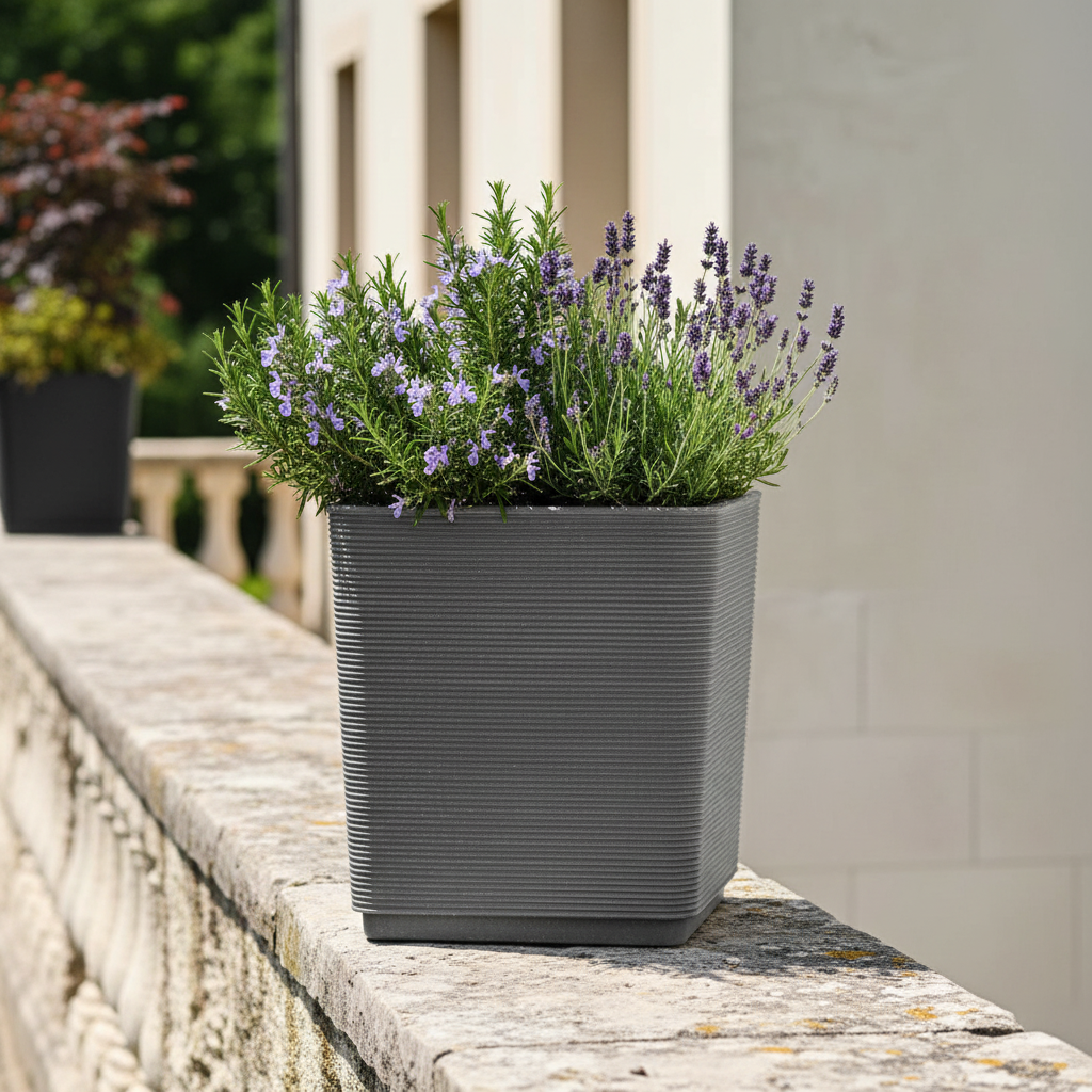Fioriera da esterno 38x38×H40 cm, colore grigio, plastica riciclata 100%. Resistente da −30° a +60°C, riciclabile. ean 8051560186989