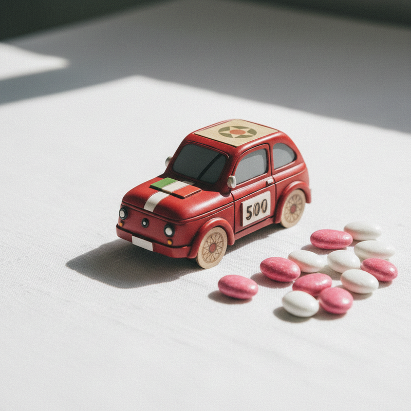 Bomboniera originale: Etm Brezza Fiat 500 colorata resina e legno L 20 cm, 4 varianti. Contattaci.