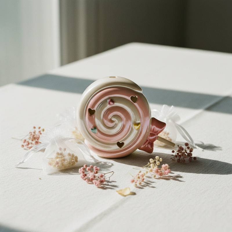 Decora feste e battesimi con il lollipop luminoso LED Etm rosa H. 12 cm in resina. Bomboniera originale con luce integrata.