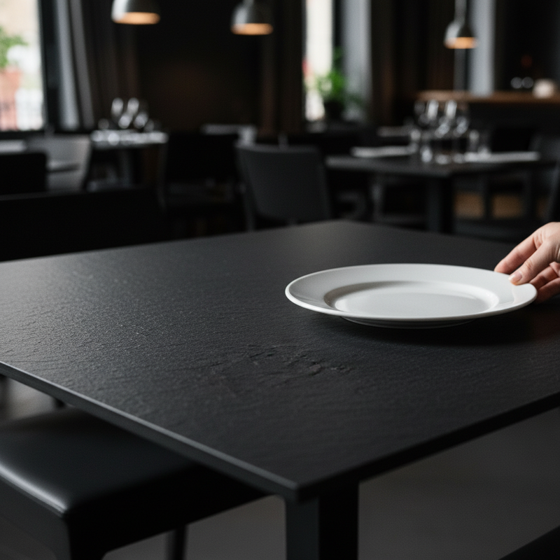 Piano tavolo HPL 80×80 cm sp. 10 mm finitura Ardesia Climb effetto pietra nera, antigraffio. Made in Italy per bar e ristoranti