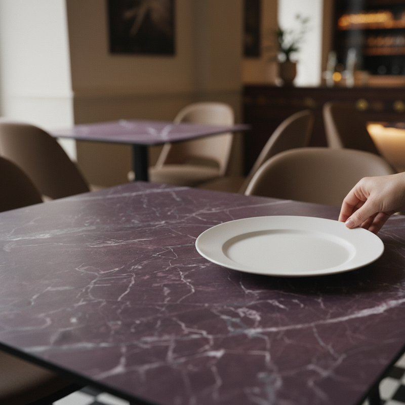 Piano tavolo HPL 80×80 cm sp. 10 mm finitura Blood Stone Velvet effetto marmo bordeaux, antigraffio. Made in Italy per bar e ristoranti