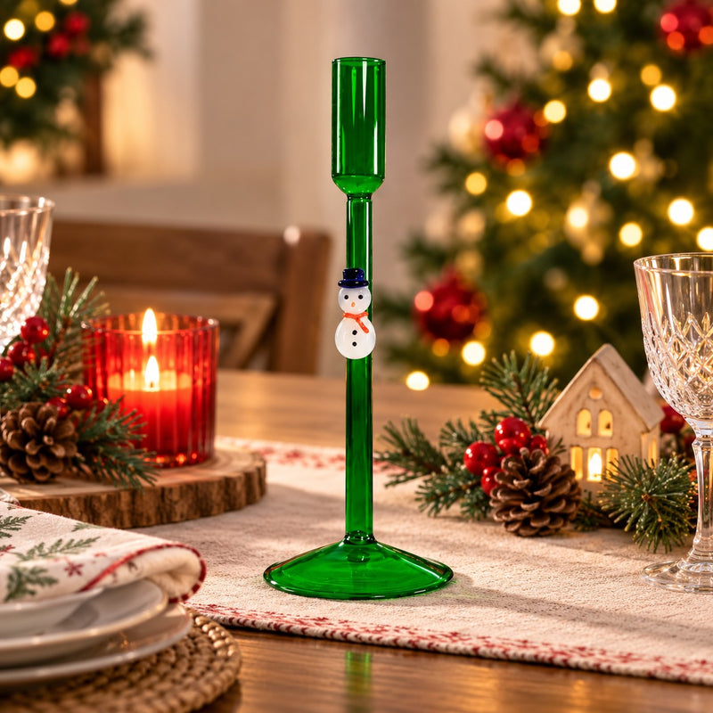 WD LifeStyle Kerzenhalter Schneemann grün aus Glas – Weihnachtsdeko