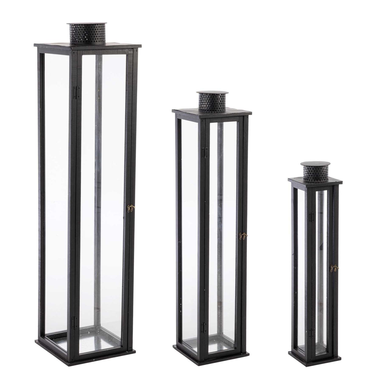 Bizzotto Set 3 Lanterne Torsti Nero Legno, Vetro e Metallo