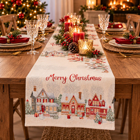 Bizzotto Weihnachts-Tischläufer Village Weiß 183x33 cm – Dekorative Tischdeko für den Weihnachtstisch