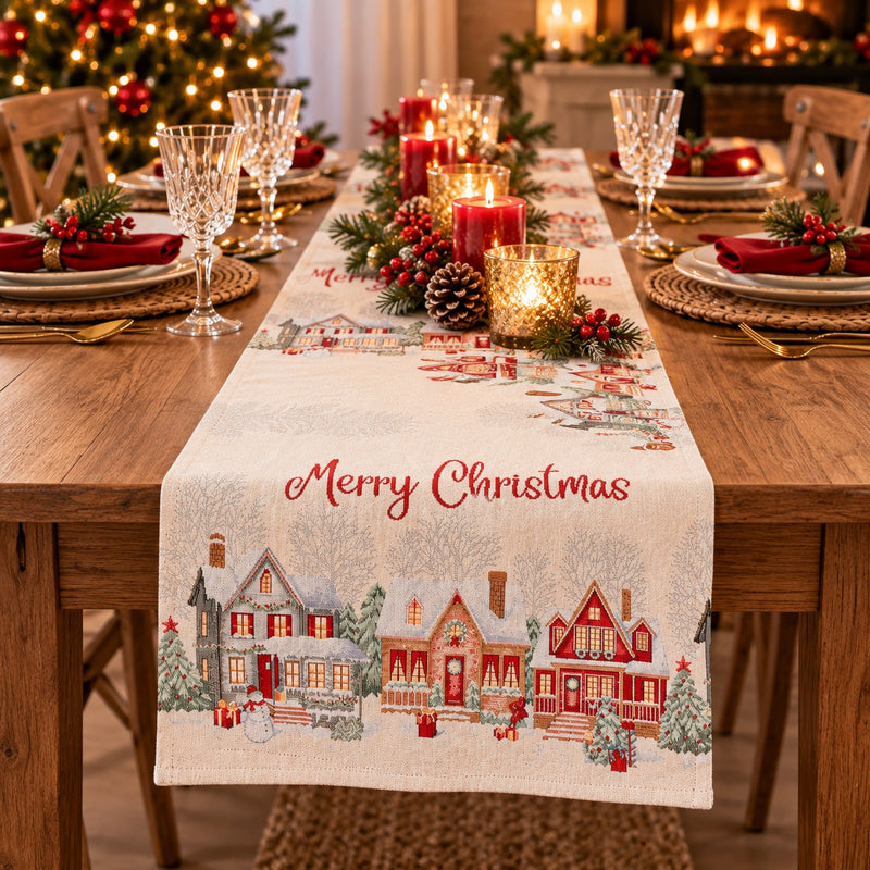 Bizzotto Weihnachts-Tischläufer Village Weiß 183x33 cm – Dekorative Tischdeko für den Weihnachtstisch