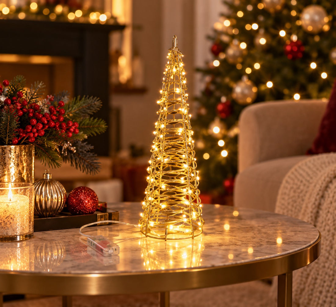 Bizzotto Weihnachtskegel Kinsey 30 MicroLED mit Batterie IP20 H 60 cm D 16 cm Classic Gold