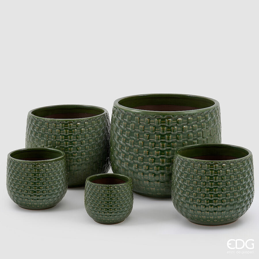 EDG Enzo De Gasperi Vase Cachepot Gewölbt mit Feldern Keramik Grün – Set 5 Stk.