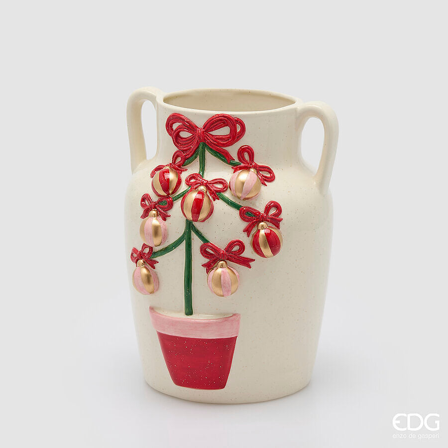 EDG Enzo De Gasperi Vaso Anfora Pino con Decori White Red in Ceramica H30 Ø22 cm – Natale