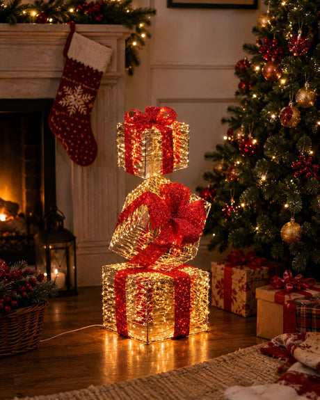 Ad Trend Torre Pacchi Regalo di Natale Gold 500 LED für Innen-/Außenbereich 30x30x96 cm 1 Stk.