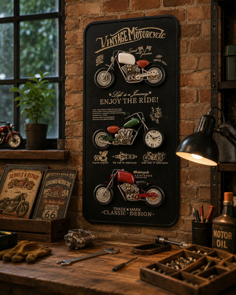 Italienisches Geschenk Vintage-Motorrad-Dekoration mit Metalluhr 60 x 12 x 8 cm – Industrieller Stil