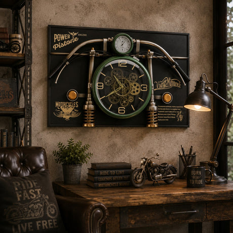 Ad Trend Vintage Motorrad Wanduhr Grün mit Zahnrädern 90 x 60 x 17 cm Metall