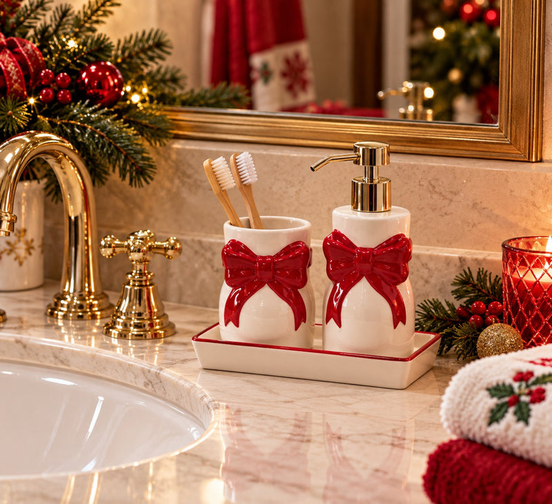 Ad Trend Bad Set Weihnachts 2-teilig aus Keramik mit sortiertem Tablett 19x10 cm 1 Set – Badezimmer-Accessoires zu Weihnachten