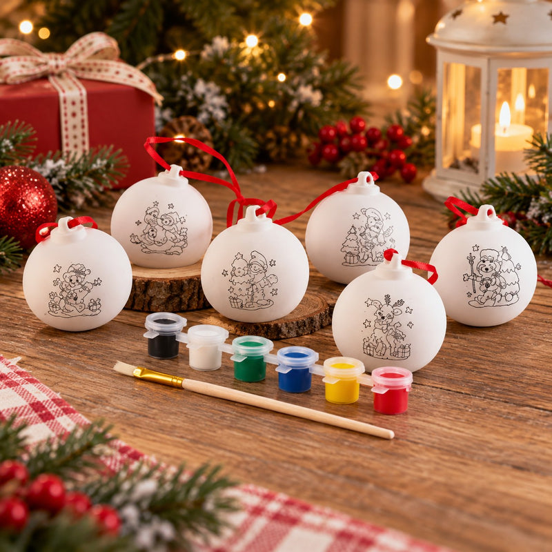 Ad Trend Set 6 Weihnachtskugeln zum Bemalen Ø7 cm mit Pinsel und 6 Farben – DIY Kreativ-Set für Weihnachtsdeko