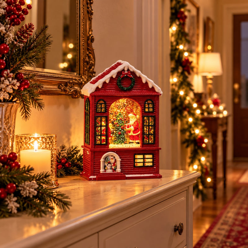 Ad Trend Weihnachtsmannhaus Dekoration aus Kunststoff mit LED-Leuchten und Musik 14,5x8xH22 cm – Leuchtende und musikalische Weihnachtsdekoration für das Zuhause