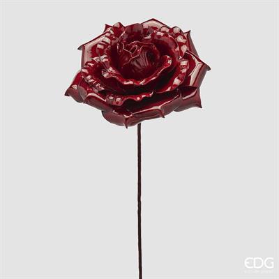 EDG Enzo De Gasperi Rosa Glossy Natalizia su Ramo H60 Ø20 cm Bordeaux – Fiore Decorativo di Natale