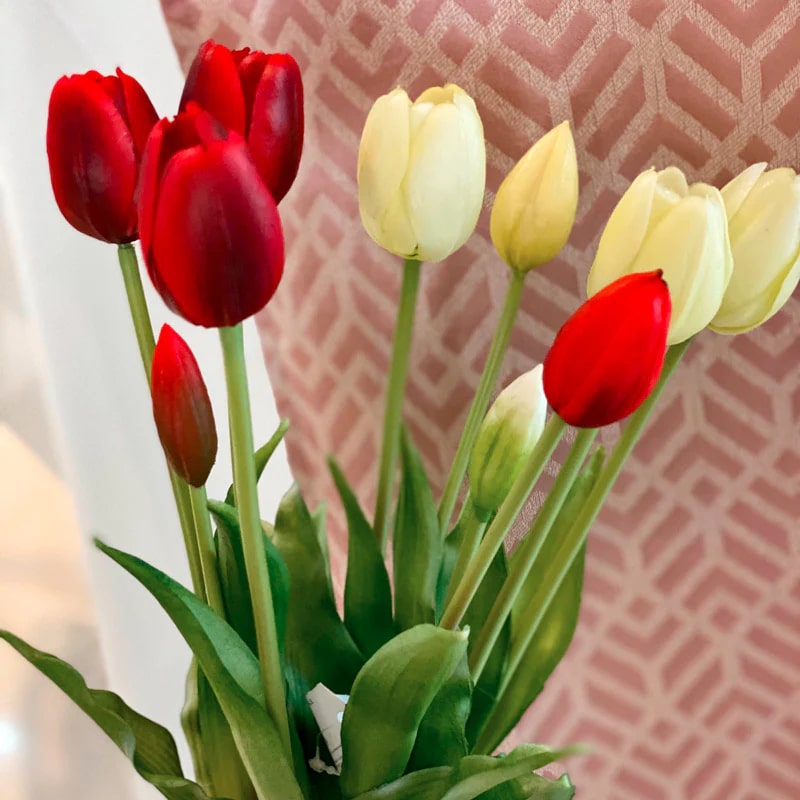 EDG Enzo De Gasperi Strauß 5 Tulpen mit Blättern H 40 cm Rot