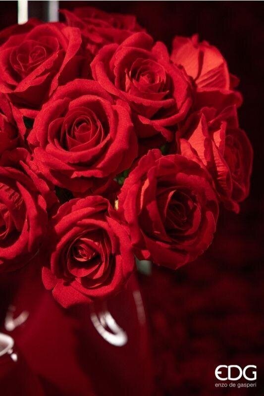 EDG Enzo De Gasperi Rosa Velvet su Ramo con Foglie H50 cm Rossa – Fiore Decorativo