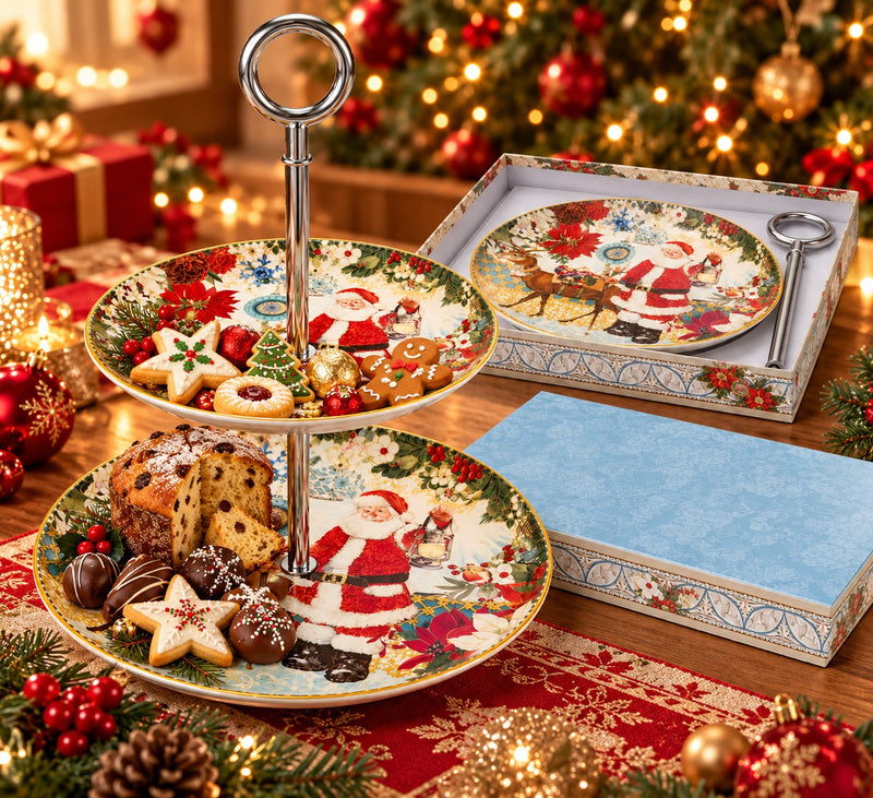 Etagere mit 2 Ebenen Porzellan Weihnachtsmann 27 cm