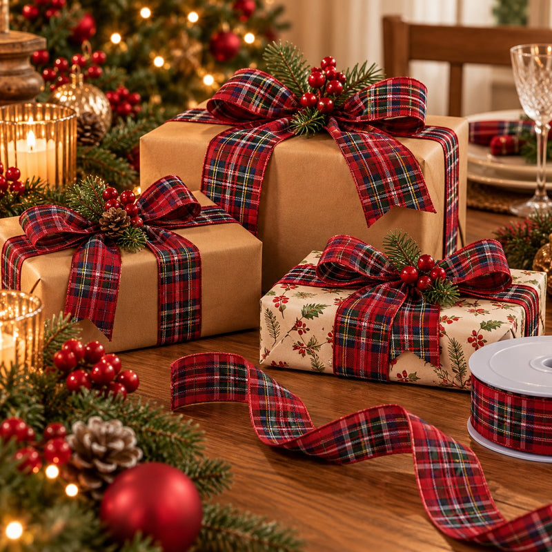Piovaccari Weihnachtsband Tartan Rot 38 mm x 20 m – Schottisches Dekorationsband für Weihnachtsbaum, Schleifen und Geschenkpakete