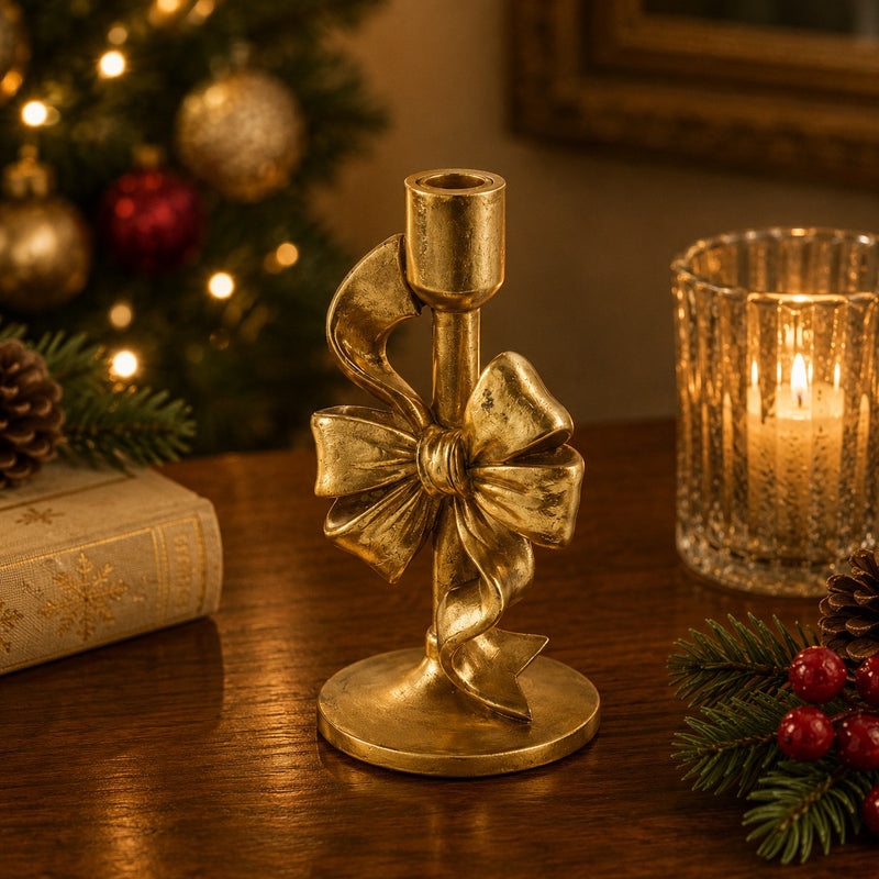 EDG Enzo De Gasperi Kerzenhalter Weihnachten mit Schleife H22x11x11 cm Dunkelgold – Weihnachtsdekoration