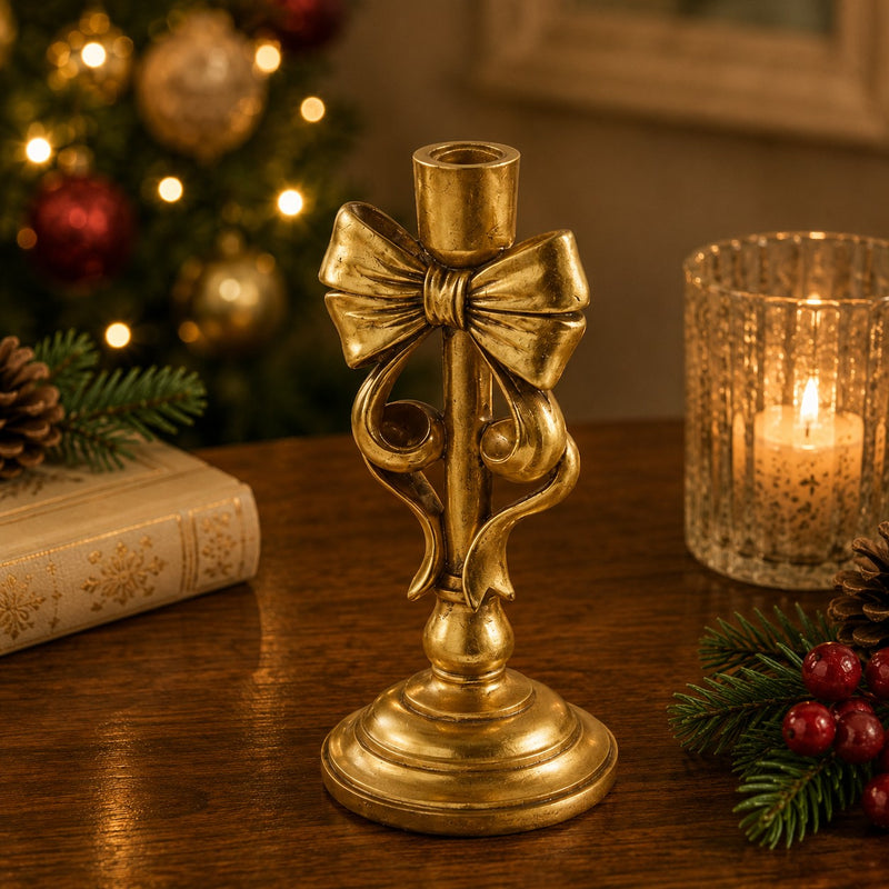 EDG Enzo De Gasperi Kerzenhalter mit Schleife Weihnachten H24x11,5x11,5 cm Dunkles Gold – Weihnachtsdekoration