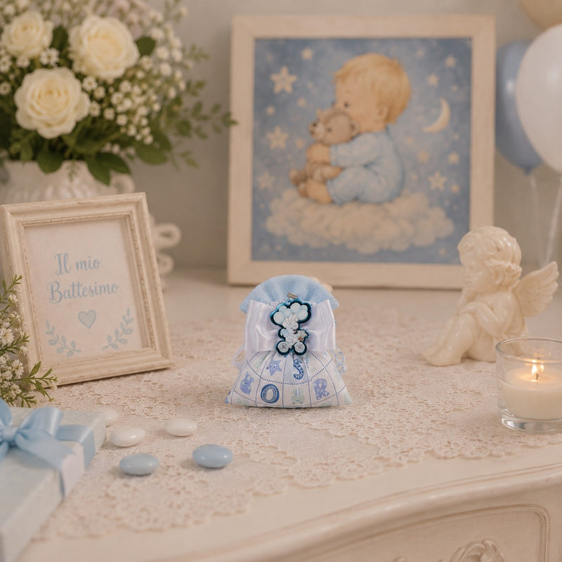 Creazioni per Enzo Sacchetto Bomboniera Baby Letterina Celeste 14x13 cm Portaconfetti Kf 10 Stück