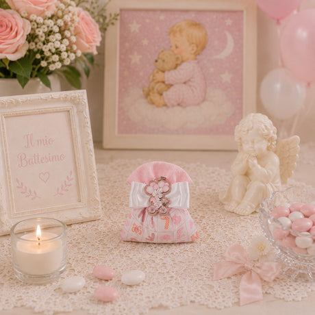 Creazioni per Enzo Sacchetto Bomboniera Baby Letterina Rosa 14x13 cm Portaconfetti Cf 10 pz
