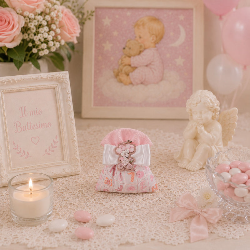 Creazioni per Enzo Sacchetto Bomboniera Baby Letterina Rosa 14x13 cm Portaconfetti Cf 10 pz