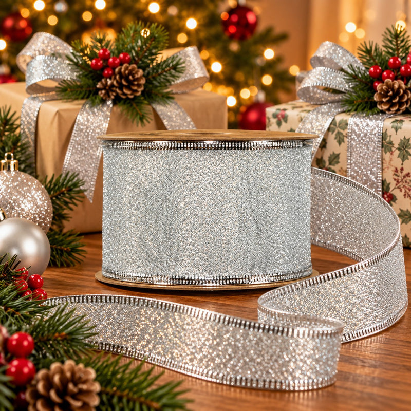 Piovaccari Band Amelie Silber 63 mm x 10 m – Dekoratives Weihnachtsband für Weihnachtsbaum, Schleifen und Geschenkverpackungen