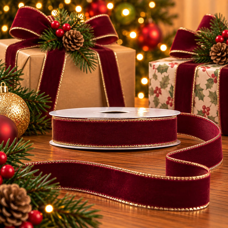 Piovaccari Band Velvet Dream Bordeaux 9 mm x 20 m – Dekoratives Samtband für Schleifen, Geschenkverpackungen, Weihnachtsdekoration und DIY