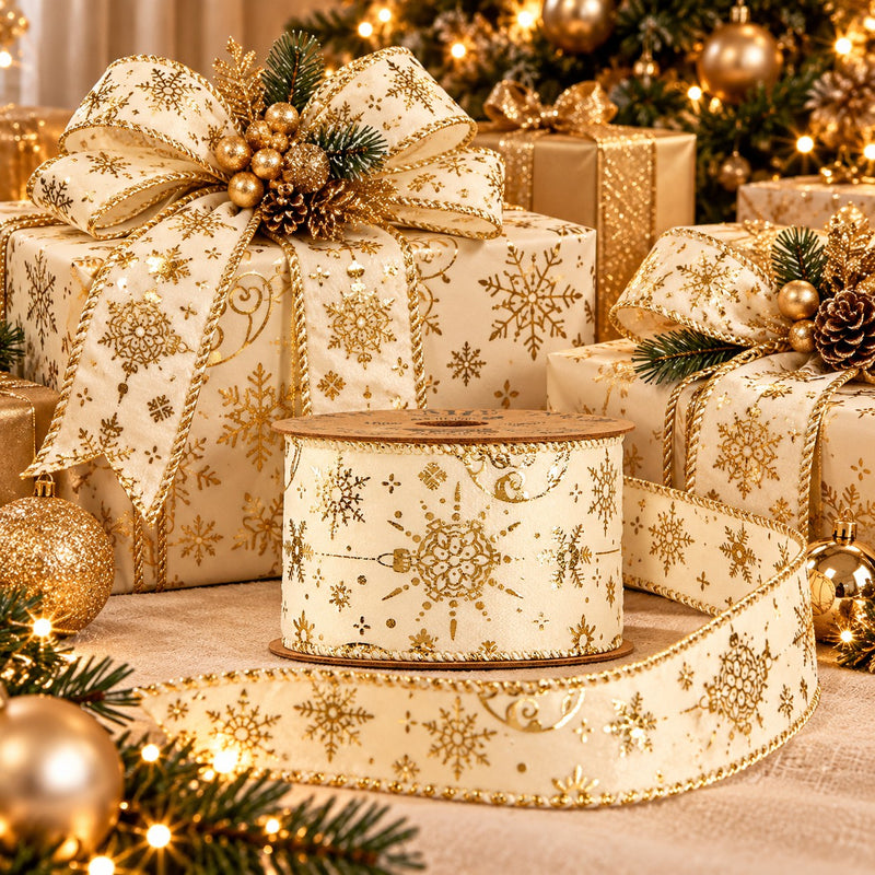 Piovaccari Weihnachtsband Gold Baubles 63 mm x 10 m – Dekoband mit goldenen Weihnachtskugeln für Christbaum, Schleifen und Geschenkverpackungen