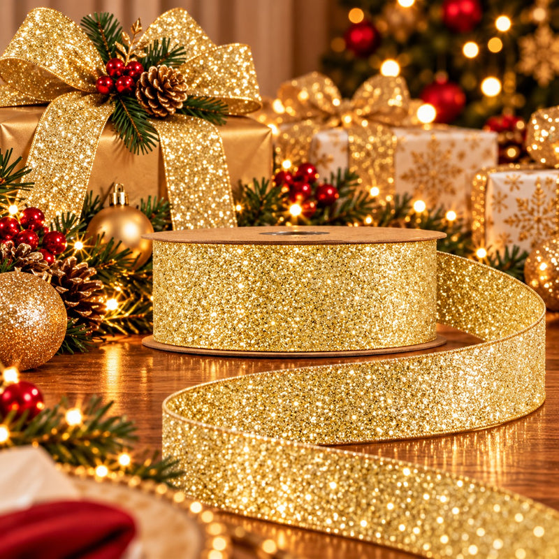Piovaccari Band Desirée Glitter Gold 40 mm x 10 m – Glitzerndes Weihnachtsband für Weihnachtsbaum, Schleifen und Geschenkverpackungen
