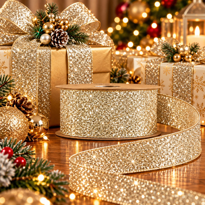 Piovaccari Band Desirée Champagne 40 mm x 10 m – Dekoratives Weihnachtsband für Weihnachtsbaum, Schleifen und Geschenkverpackungen