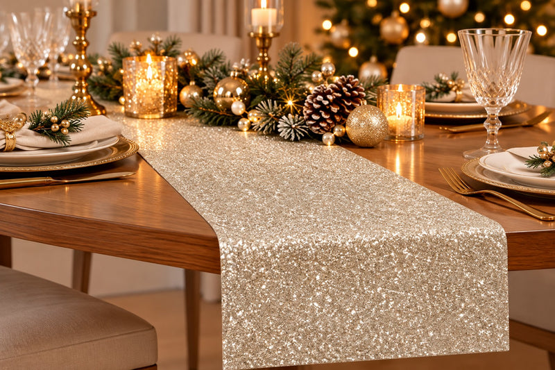Piovaccari Tischläufer Desirée Champagne 28 cm x 2,5 m – Dekorativer Weihnachts-Tischläufer für Tisch, Tischdeko und Weihnachtsdekoration