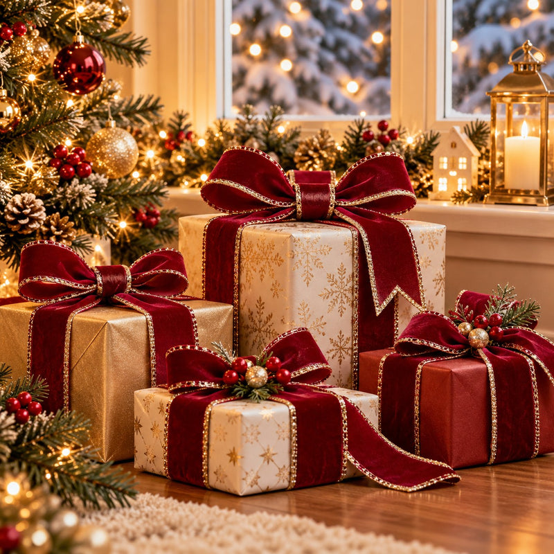Piovaccari Band Double Sides Velvet & Glitter Dunkelrot 40 mm x 10 m – Weihnachtsband aus Samt und Glitzer für Weihnachtsbaum, Schleifen und Geschenkverpackungen