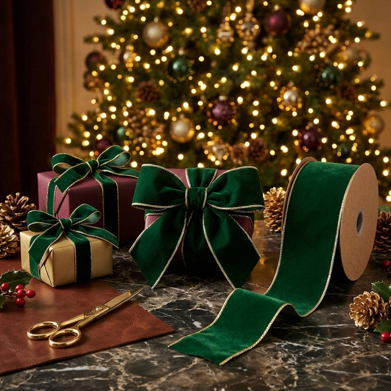 Piovaccari Band Double Sides Velvet & Glitter Dunkelgrün 63 mm x 10 m – Weihnachtsband aus Samt mit Glitzer für Weihnachtsbaum, Schleifen und Geschenkverpackungen