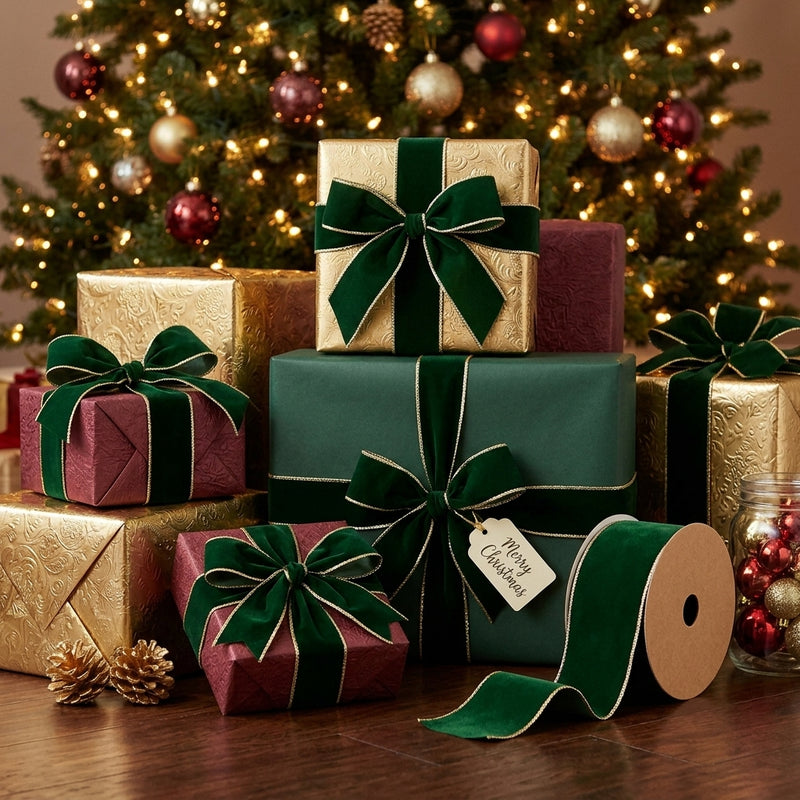 Piovaccari Band Double Sides Velvet & Glitter Dunkelgrün 100 mm x 10 m – Weihnachtsband aus Samt mit Glitzer für Weihnachtsbaum, Schleifen und Geschenkverpackungen