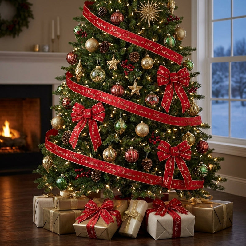 Piovaccari Band Merry Christmas 63 mm x 10 m – Weihnachtliches Dekoband mit Schriftzug Merry Christmas für Weihnachtsbaum, Schleifen und Geschenkverpackungen