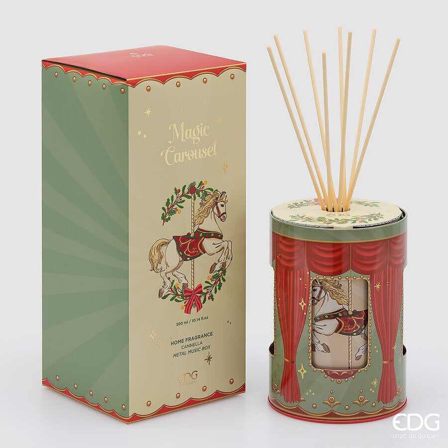 EDG Enzo De Gasperi Raumduft Flasche Schatzkästchen 300 ml mit Weihnachtskarussell H12 Ø10 cm Zimt – Raumduft