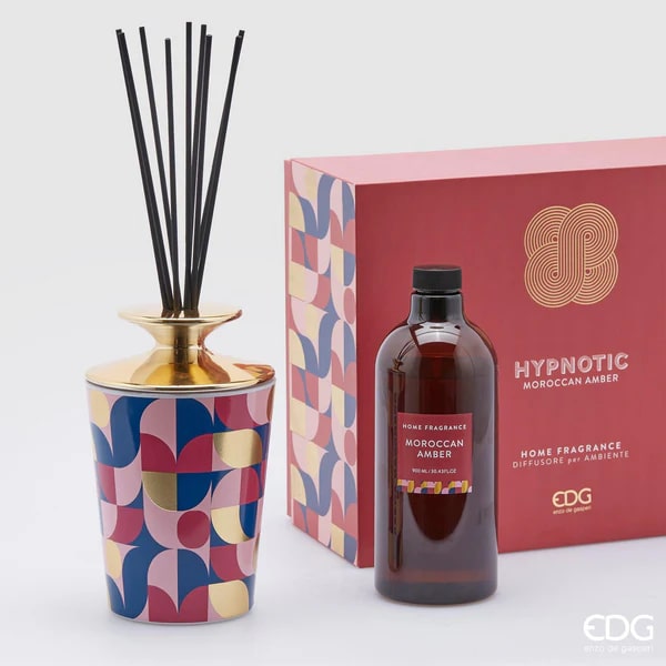 EDG Enzo De Gasperi Enzo de Gasperi Raumduft für Zuhause mit Stäbchen, Glänzende Keramikflasche Hypnotic Midnight Garden 900ml 4 Varianten Moroccan Amber