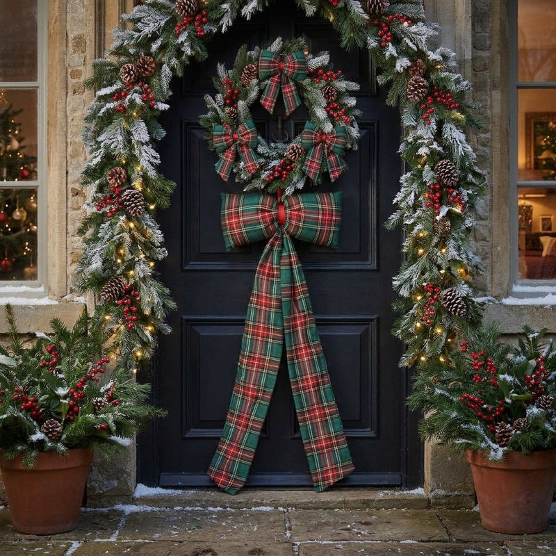 Piovaccari Scottish Bow Weihnachtsschleife Schottenkaro Dunkelgrün 30xH80 cm – Dekorative Schleife für Weihnachtsbaum, Türen, Kränze und Weihnachtsdekorationen