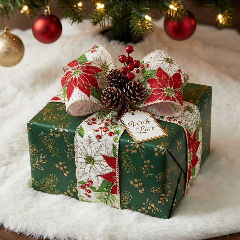 Piovaccari Band Weihnachtsstern 63 mm x 10 m – Dekoratives Weihnachtsband mit Weihnachtsstern-Motiv für Weihnachtsbaum, Schleifen und Geschenkverpackungen