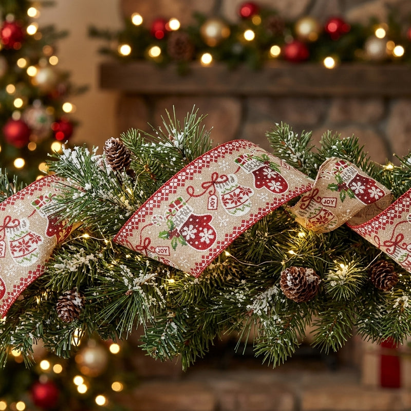 Piovaccari Band Christmas Gloves 63 mm x 10 m – Weihnachtliches Dekoband mit Weihnachtshandschuh-Motiv für Weihnachtsbaum, Schleifen und Geschenkverpackungen