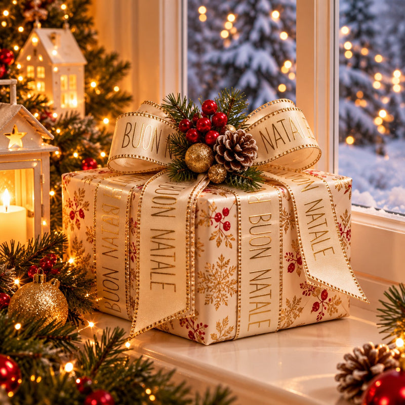 Piovaccari Band Buon Natale Cream 40 mm x 15 m – Weihnachtliches Dekoband in Creme mit Schriftzug „Buon Natale“ für Weihnachtsbaum, Schleifen, Geschenkpakete und Weihnachtsdeko