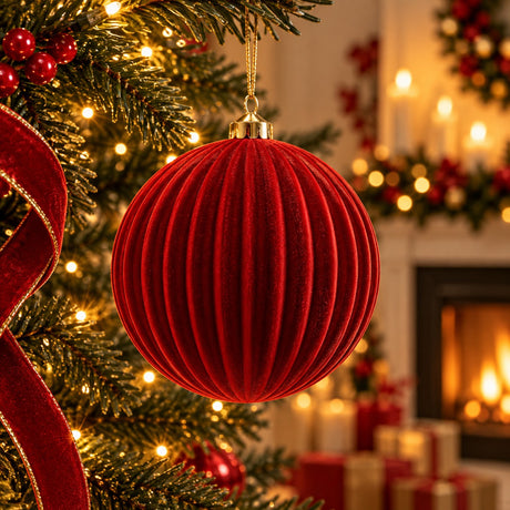 EDG Enzo De Gasperi Weihnachtskugel aus Samt mit Streifenmuster Rot Ø17,5 cm – Weihnachtsdekoration