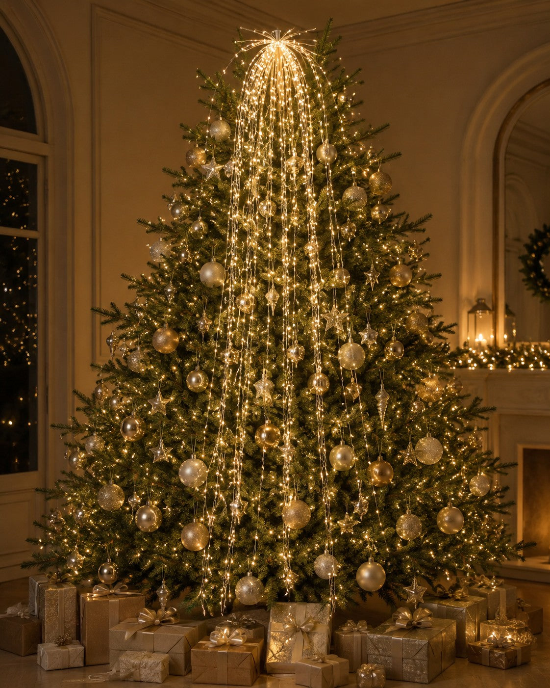 EDG Enzo De Gasperi Weihnachtskaskade mit LED 56 Fäden 2.016 Lichter L 290 cm Kabel 10 m Elfenbein