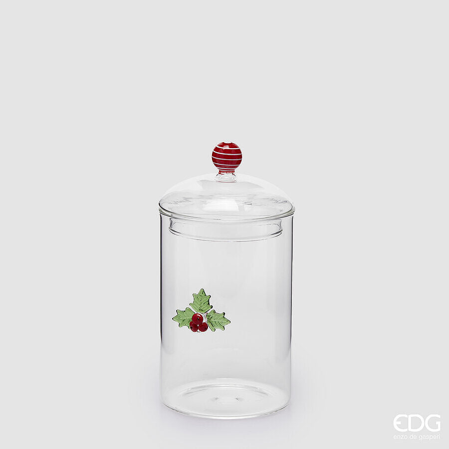 EDG Enzo De Gasperi Contenitore Natalizio Agrifoglio in Vetro H19,5 cm – Decorazione di Natale