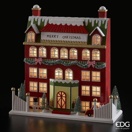 EDG Enzo De Gasperi Diorama Haus mit LED H33x33x12 cm Dunkelrot – Weihnachtsdekoration